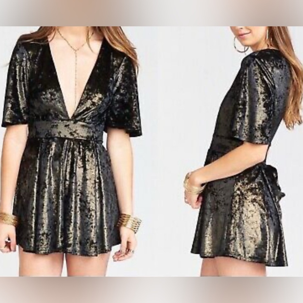 ! Show Me Your Mumu Velvet Black & Gold Romper